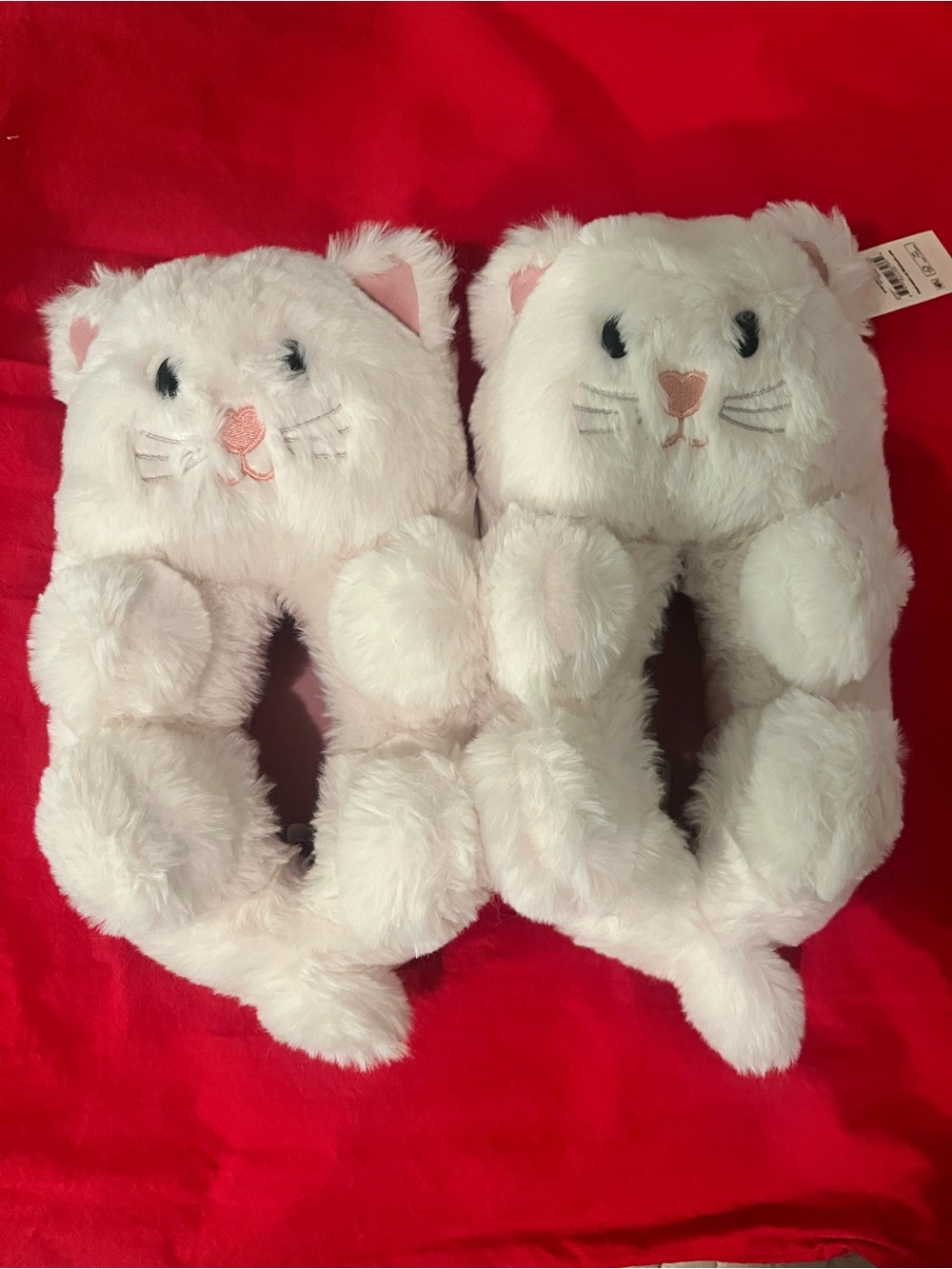No Boundaries White Plush Cat Slippers with Pink Accents